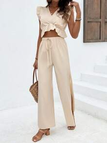 SHEIN LUNE 女式纯色盖袖上衣和开衩裤套装 - 杏色 - 查看 4