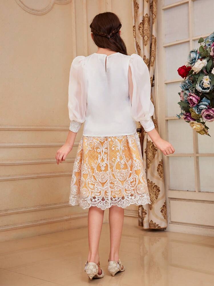 Tween Girl Cute Lace & Organza Splice Round Neck Shirt And Skirt Set