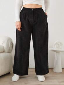 RueChic Frenchy Slant Pocket Corduroy Wide Leg Pants - Black - View 3