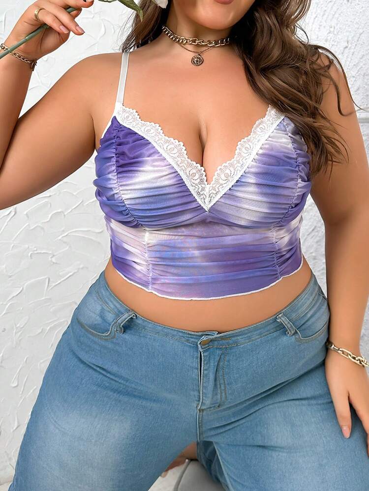 Plus Size Tie-Dye Splicing Lace Crinkle Wireless Bra
