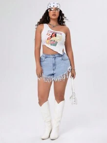 SHEIN ICON Pantalones Cortos De Mezclilla De Talla Grande Con Dobladillo Deshilachado Y Bolsillos Diagonales - Azul - Ver 6