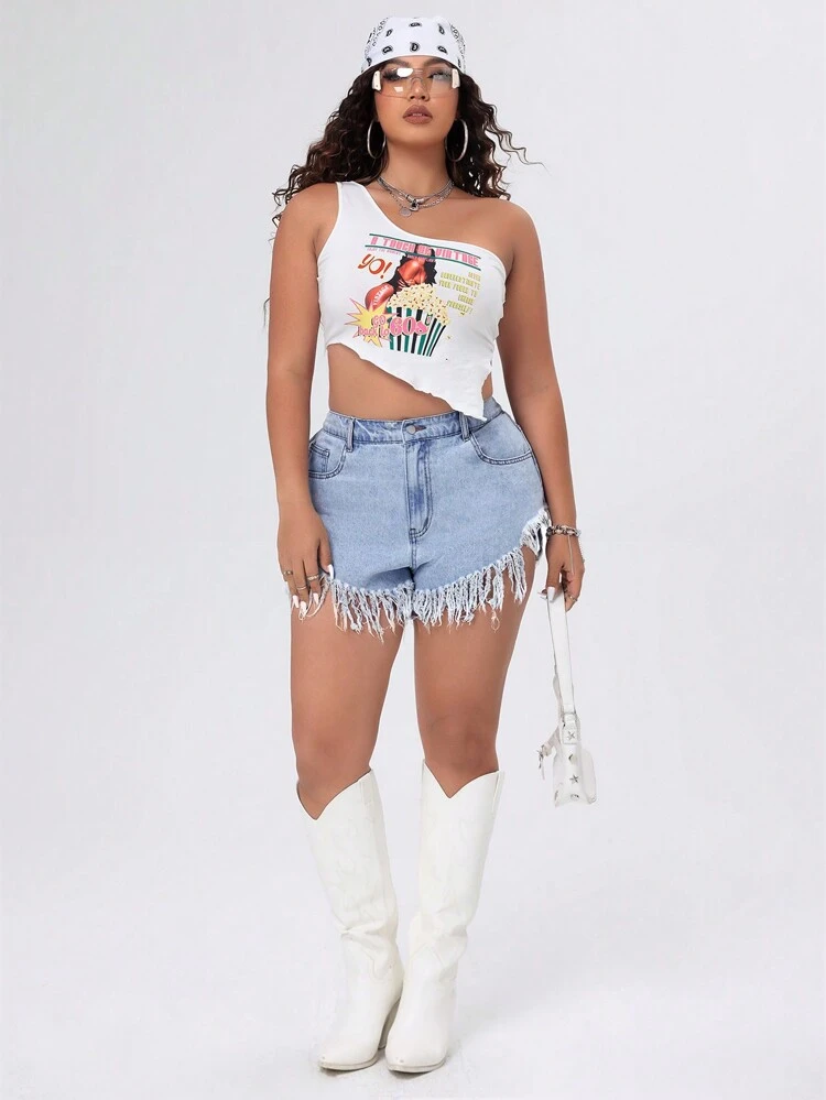 Plus Size Denim Shorts With Frayed Hem And Diagonal Pockets