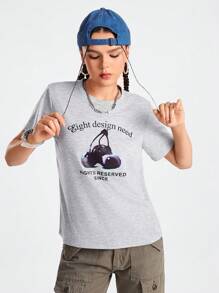 SHEIN Sports Cherry & Letter Print Short Sleeve Sports T-Shirt - White - View 3