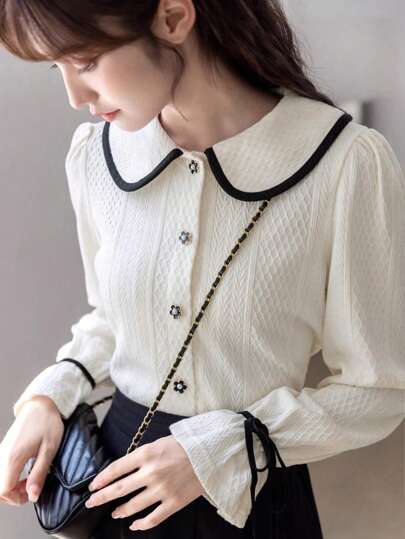 Women's Peter Pan Collar Textured Fabric Blouse,Long Sleeve Tops