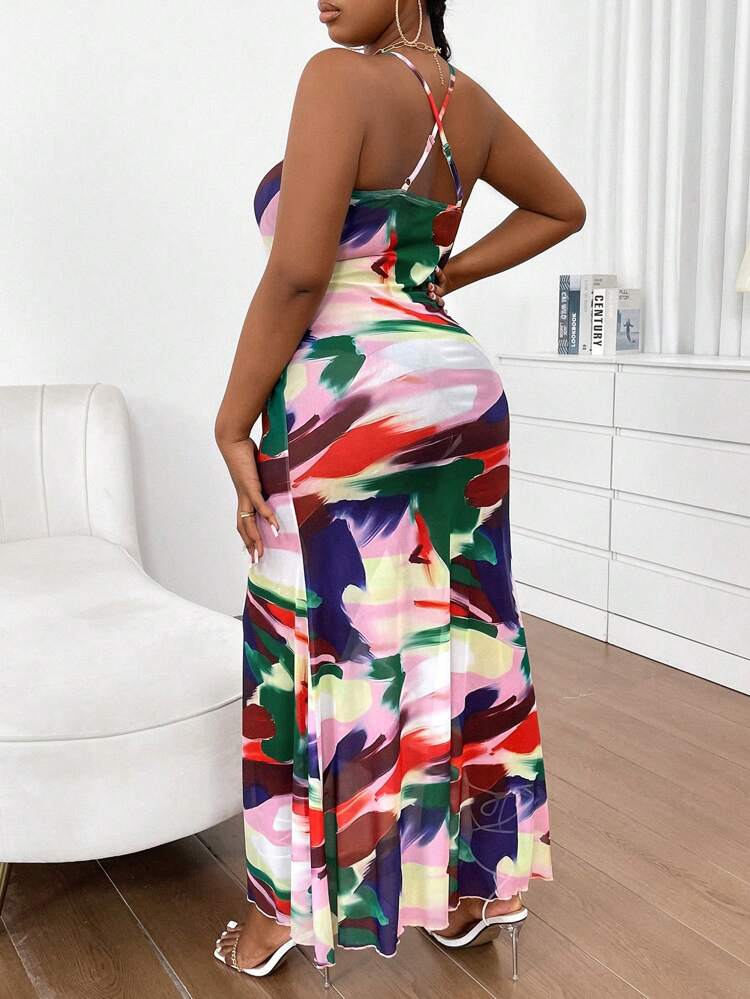 Plus Size Elastic Tie-Dye Printed Draped Collar Cami Dress