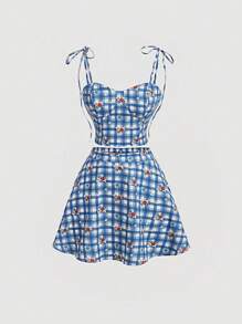 SHEIN MOD Ladies' Checkered Print Strap Tank Top With Bowknot And Skirt Two Piece Set