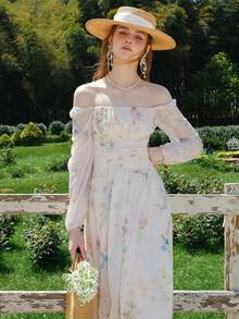 Women Spring Summer Off-Shoulder Long-Sleeve Waist Pleated Vacation Dress - White - View 6