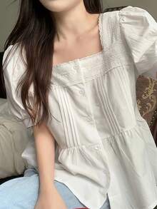 女士纯色方领短款泡泡袖衬衫 - 白色 - 查看 3