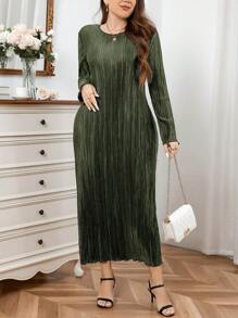 SHEIN Privé Plus Size Elegant Romantic Round Neck Pleated Straight Long Dress For Women, Spring/Summer - Army Green - View 6