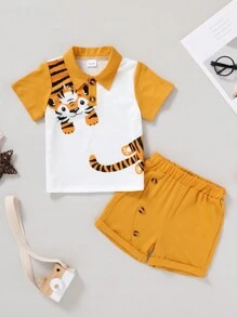 柔軟舒適的嬰兒男童卡通老虎印花短袖上衣，搭配羊和紐扣細節短褲，非常適合夏季休閒和派對 - 彩色 - 查看 4