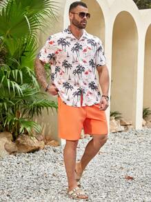 Manfinity RSRT Men's Plus Size Palm Tree Print Short Sleeve Shirt And Shorts Set - Multicolor - View 3
