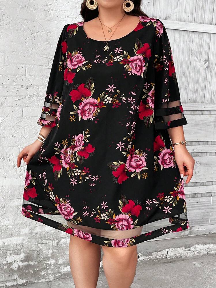 SHEIN CURVE+ Plus Size Women's Floral Holiday Dress With Mesh Hem And Sleeve Patchwork - Multicolor - View 4