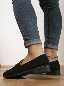 女士舒适平底鞋，金属扣，圆头，低跟，适合春秋季，乐福鞋