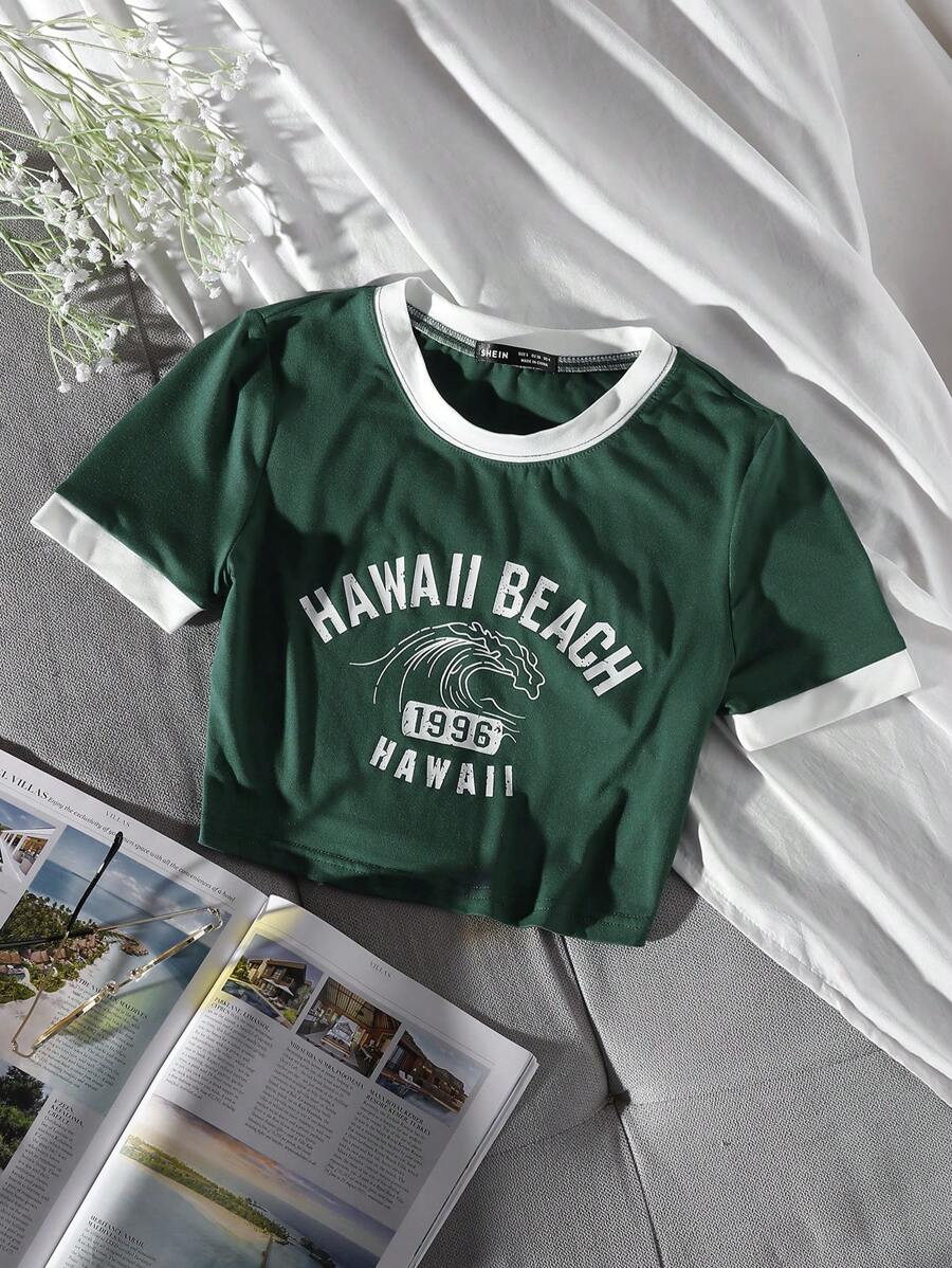 SHEIN Unity Nautical Style Casual Vacation Vibe Letter Printed Tee Graphic Tees Women Tops - Dark Green - View 1