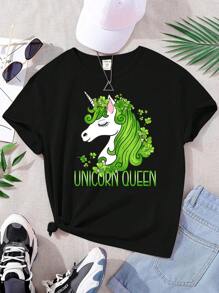 Cô gái Tween Ngày Saint Patrick Cỏ ba lá Kỳ lân in Áo thun - màu đen - Xem 1