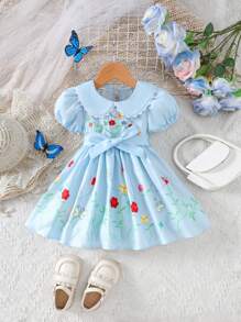 Robe à col Peter Pan à manches bouffantes courtes avec broderie florale pour bébé fille - Bleu azur - Voir 1