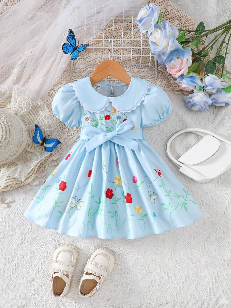 Robe à col Peter Pan à manches bouffantes courtes avec broderie florale pour bébé fille - Bleu azur - Voir 1