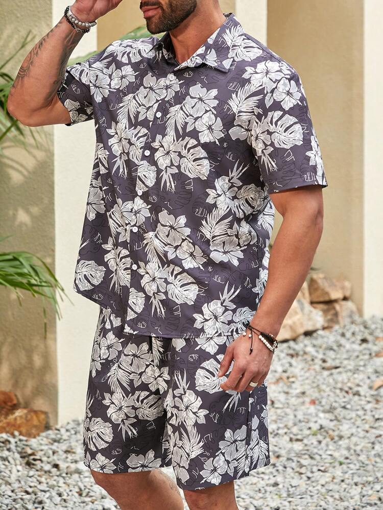 Men's Plus Size Flower & Plant Print Shirt And Shorts Set