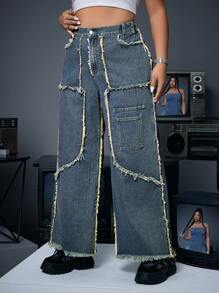 SHEIN ICON Plus Size Raw Hem Straight Leg Jeans - Blue - View 4