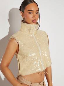 SHEIN Haute Sequin Drawstring Zip Puffer Vest