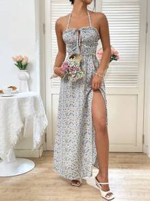Chiquease Vestido De Mujer Con Diseño Floral, Cuello Halter Y Abertura Alta En La Falda - Púrpura malva - Ver 1