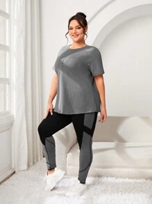 Rhythm Era Plus Size Women's Round Neck Raglan Sleeve T-Shirt & Color Block Leggings Sports Set Workout Women Sets - Multicolor - View 5