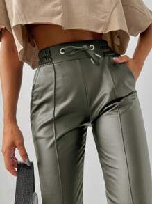 EURMUSE Drawstring Waist Jogger Pants - Army Green - View 5