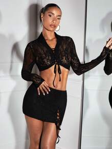 SHEIN BAE Black Sexy Sheer Lace Nightclub Cross Tied Bind Short Cut Long Sleeve Crop Top, Perfect For Country Festival, Music Festival And Concert, Suited For Street Wear Style. - Black - View 6