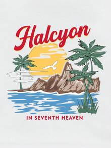 Soleia 白色休閒簡約風格圓領短袖女士t恤,帶有棕櫚樹和字母印花,緊身款式和側邊套繩,非常適合度假 - 白色 - 查看 4