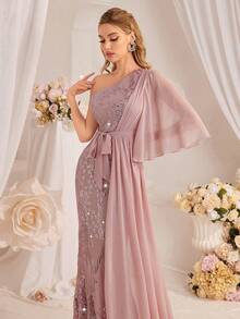 Women's Asymmetrical Neck Sequined Evening Gown Elegant Formal Prom Wedding Guest Dress, For Graduation, Dinner Party Dress - Pink - View 4