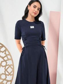 Seusyu Women's Solid Color Simple Style Waist-Cinched Dress - Navy Blue - View 1