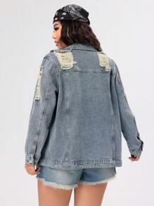 SHEIN ICON Chaqueta De Mezclilla De Talla Grande Rasgada Con Bolsillo De Solapa Y Detalles Desgastados - Azul - Ver 2