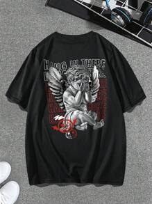 Manfinity Roghcode 男士口号与人物图案落肩短袖 T 恤，街头服饰，男朋友礼物，适合外出 - 黑色 - 查看 7