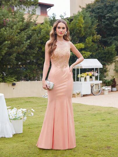 BABYONLINE D.R.E.S.S. Women's Slim Fit Sleeveless Mesh Contrast Evening Dress With Floral Embroidery