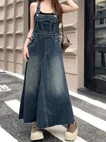 DAZY Loose-Fit Washed Denim Overall Dress With Patch Pockets - Dark Wash - View 3