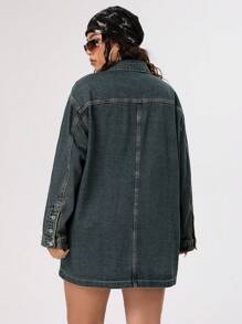 SHEIN ICON 大尺碼女式復古多口袋洗水長外套 - 深色水洗藍 - 查看 2