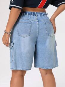 SHEIN ICON Shorts Utility In Denim, Tasche Capovolte E Lavaggio Effetto Scolorito, Taglie Comode - Blu lavato medio - Visualizzare 2