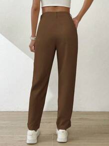 SHEIN Essnce 净色斜口袋裤子 - 棕色 - 查看 2