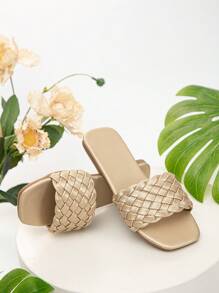 Sandalias planas casuales de unicolor tejidas para niñas de vacaciones
