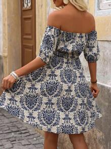 SHEIN Clasi Vintage Printed Off-Shoulder Dress - Blue - View 2