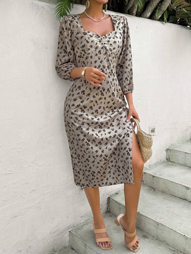 Women's Sweetheart Neckline Floral Print High-Low Hem Dress