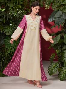 Al Najma 女款色塊印花拼接裙,帶主教袖和刺繡裝飾