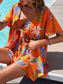 SHEIN VCAY 3 cái/bộ Của phụ nữ Nhiệt đới Thực vật In Ngắn tay Áo sơ mi , Top Cây trồng Và Quần short Đối với bờ biển Ngày lễ - trái cam - Xem 1
