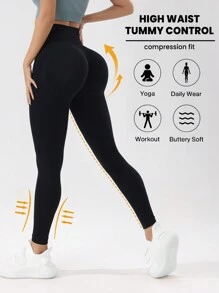 SHEIN Sports Seamless High Elasticity Solid Color Sport Leggings With Widened Waistband Yoga Women Pants