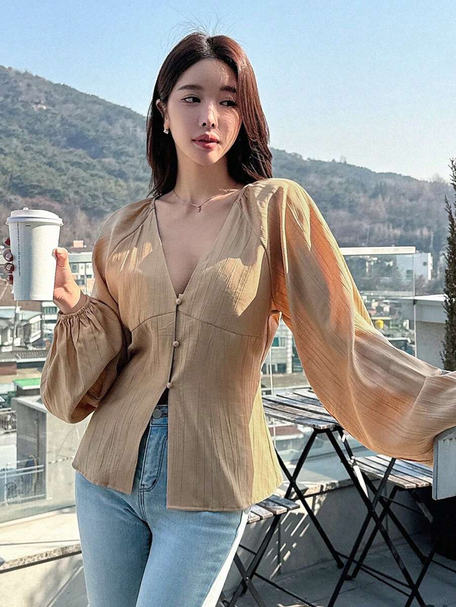 DAZY Blusa Con Manga Farol Y Manga Raglán Con Cuello En V Para Mujer - Camel - Ver 1