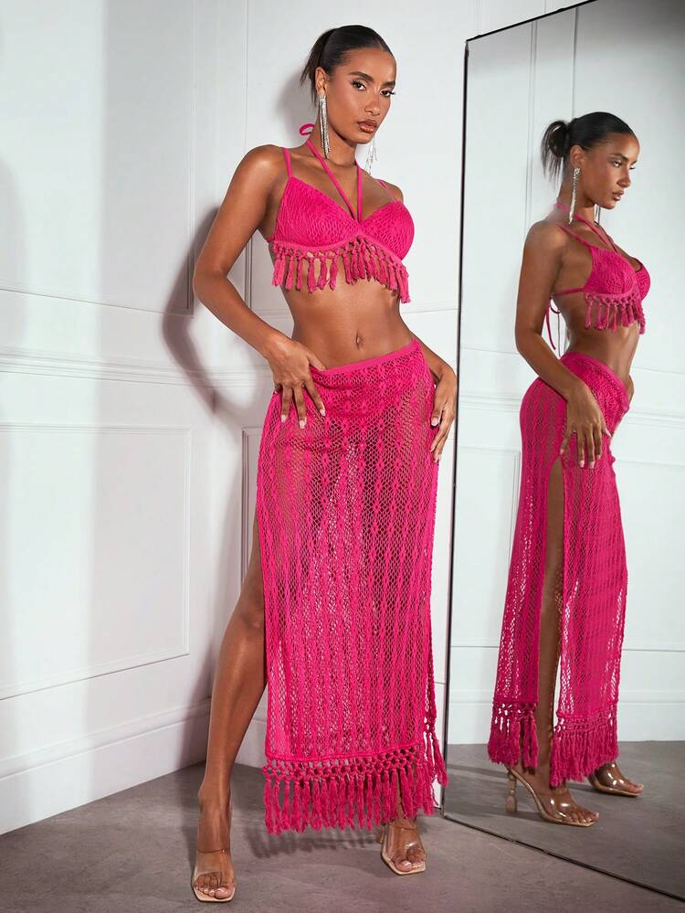 Women's Low Waist Sexy See-Through Vacation Crochet Tassel Maxi Skirt
