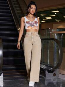 女裝牛仔長褲,帶有口袋 - 卡其色 - 查看 6