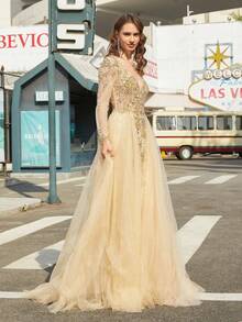 Sequin Embroidery Long Sleeve Mesh Party Dress