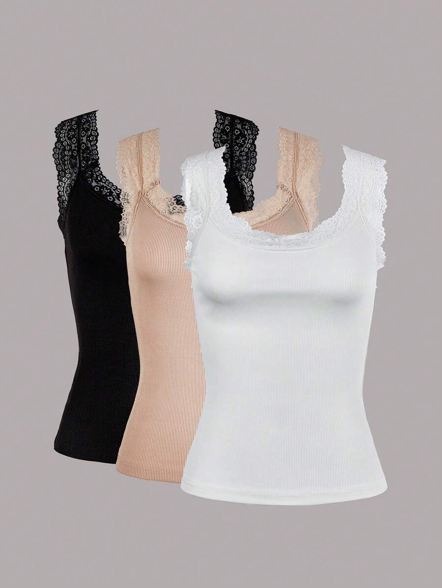 SHEIN LUNE 蕾絲拼接羅紋修身背心 - 彩色 - 查看 1