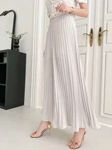 DAZY 女士休闲宽松高腰阔腿褶皱阔腿裤，教师裤 - 杏色 - 查看 5